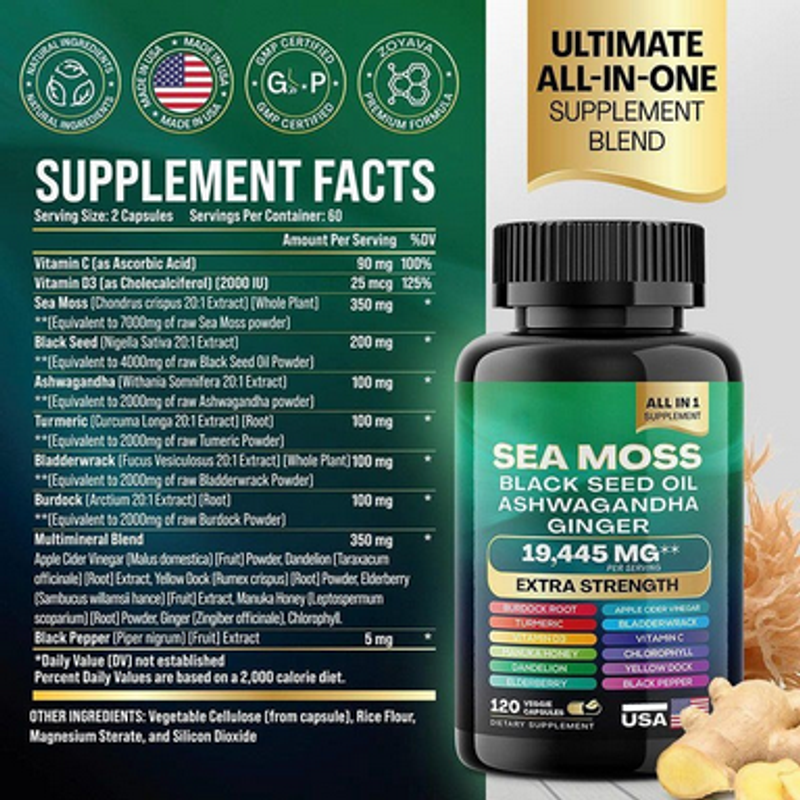 Combo di 3 Unità del Integratore Naturale 8 in 1 - Sea Moss - Ashwagandha - Olio di Semi Neri - Zenzero Extra Forza 19445 mg